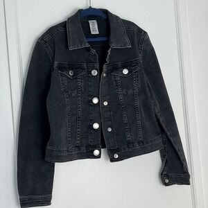 H&M Kids Denim Jacket Size‎ 7 Washed Black, Snaps, Pockets, Collar